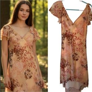 Vintage Y2k Fairy Floral Scroll Chiffon Babydoll Midi Dress Size 11 Pink